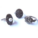 Three Art Deco silver and marcasite rings (The cost of UK postage via Royal Mail Special Delivery