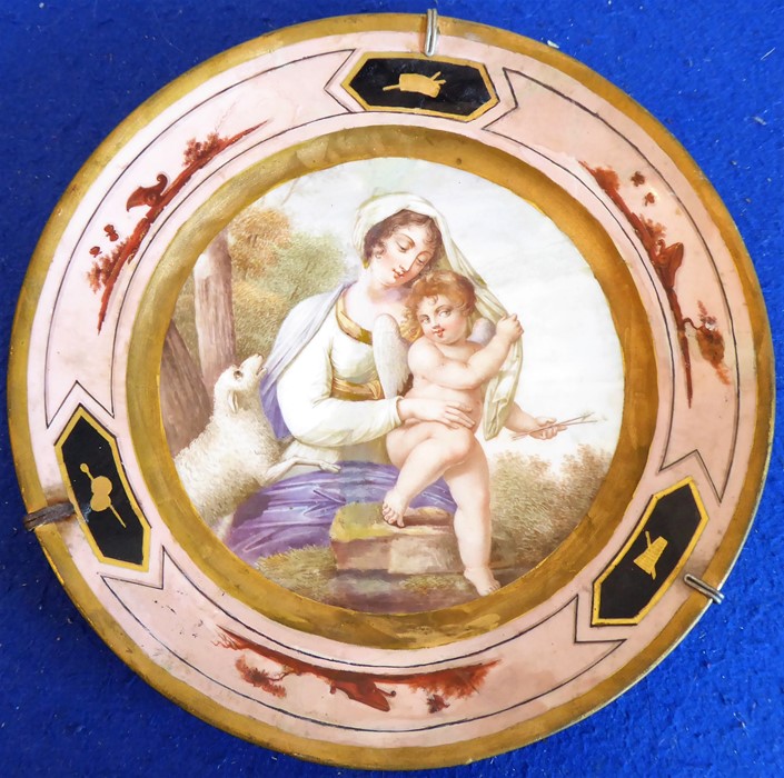 A 19th century French cabinet plate depicting Cupid in the arms of Venus and with a lamb in