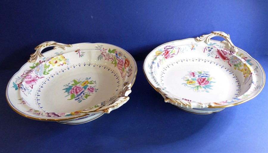 A pair of late 19th century circular two-handled tureens and covers, gilded and decorated with - Image 2 of 5