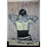 An unframed oil on canvas modernist study, half-length figure seated (86cm x 60.5cm)