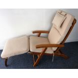 A teak reclining garden chair with the label 'Neptune Classics'