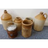 Five early 20th century stoneware jars / flagons together with a wooden biscuit barrel