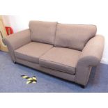 A modern two-seater sofa upholstered in light-brown woollen fabric (194cm wide x 94cm deep)
