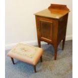 An Edwardian mahogany and chequer-strung bedside cabinet; single panelled door, galleried back and
