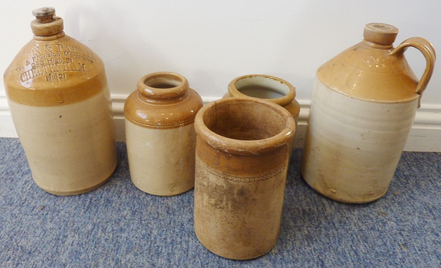 Five early 20th century stoneware jars / flagons together with a wooden biscuit barrel - Image 2 of 5