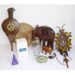 Various treen and other collectables to include bellows, a cuckoo clock, a large carved African