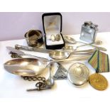 A quantity of bijouterie to include silver spoons, plated moustache spoon, 19th century vesta