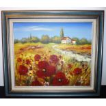 A 20th century framed oil on canvas study of a field of poppies before a small house with