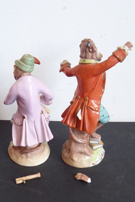 Two early 20th century hand-painted Dresden porcelain monkey band figures in Meissen-style; the - Image 2 of 3