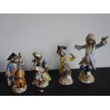 Four hand-decorated 19th century Meissen porcelain monkey band figures (damaged and reparations) (
