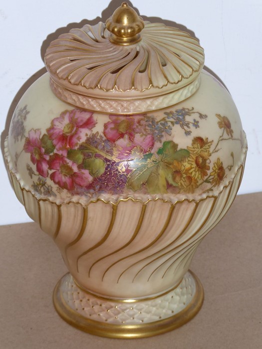 A late 19th century Royal Worcester blush porcelain potpourri; comprising baluster-shaped main