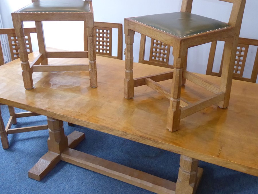 A fine Robert 'Mouseman' Thompson of Kilburn refectory dining table together with six lattice back - Image 2 of 7