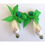 Vintage jewellery by Monty Don, circa 1980s; a pair of pearl and green crystal clip-on earrings (