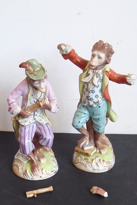 Two early 20th century hand-painted Dresden porcelain monkey band figures in Meissen-style; the