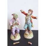 Two early 20th century hand-painted Dresden porcelain monkey band figures in Meissen-style; the