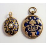 Two mid-Victorian yellow-gold and blue-enamel lockets, each of oval design; one with entrelac
