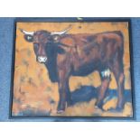 *K (KATHARINE) LIGHTFOOT (b 1972, Devon artist), a large box-framed oil on canvas study 'Cow against
