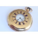 A late 19th century 18-carat yellow-gold hallmarked half hunter pocket watch; white-enamel dial with