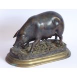 After Jules Moigniez (1835-1894), a dark patinated bronze 'A Prize Sow', the rotund pig standing