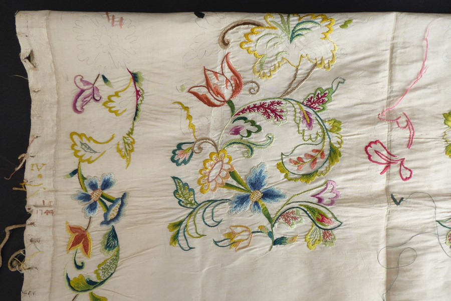 An unfinished silk embroidery with one edge embroidered with '1744'; ivory-coloured silk with a - Image 2 of 8