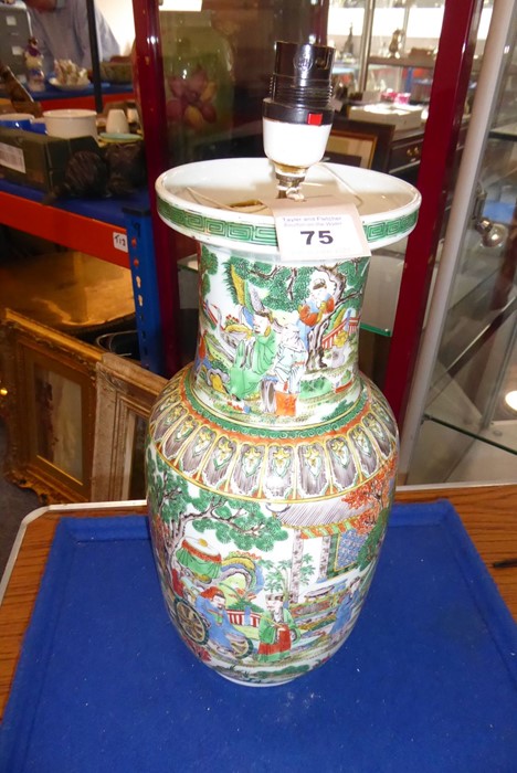 An unusual Chinese enamelled vase (as a lamp); unusually decorated with a highly enamelled scene