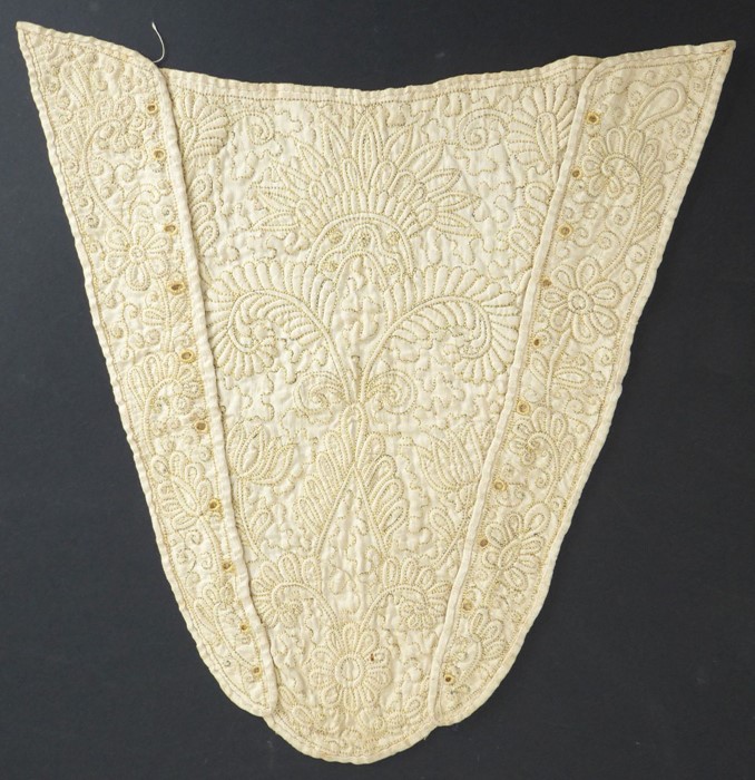 A circa 1700s embroidered trapunto stomacher