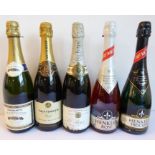 Three bottles of champagne and two sparkling: Taittinger; Pol Roger Extra Cuvée de Réserve (extra