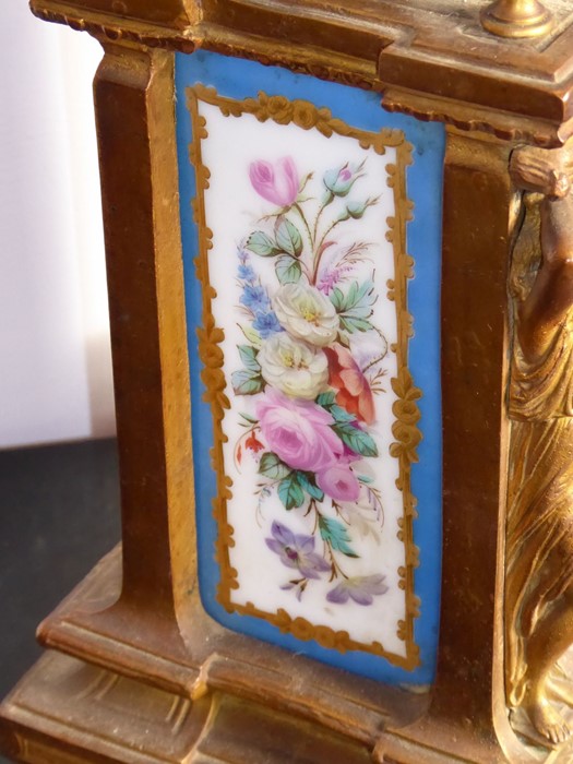 A 19th century gilt-metal eight-day mantle clock with Sèvres-style porcelain panels decorated with - Image 3 of 10