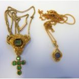 A 19th century yellow-metal pendant and chain suspended with an emerald-mounted cross together