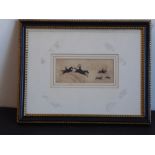 A Hogarth framed and glazed 19th century silhouette with pen and ink of a hunting scene, monogrammed