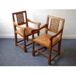 A good pair of Robert 'Mouseman' Thompson of Kilburn open armchairs; latticework backs above
