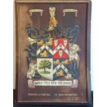 A framed oak panel depicting the 'Threlfall of Grug Hill' (Co. Salop 20th century) coat of arms (