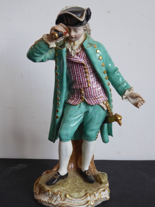 A 19th century Meissen figure model; in 18th century-style dress with a long green coat and - Image 5 of 10