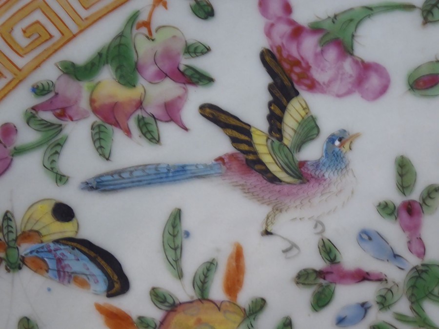 A 19th century Chinese Canton porcelain charger; hand decorated in the famille rose palette; the - Image 5 of 6