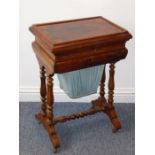 A mid-19th century figured walnut work table; the moulded hinge top opening to reveal