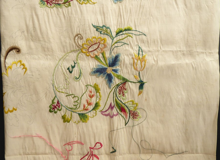 An unfinished silk embroidery with one edge embroidered with '1744'; ivory-coloured silk with a - Image 4 of 8
