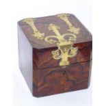 A 19th century figured walnut and brass-bound jewellery box with key; the reformed Gothic-style