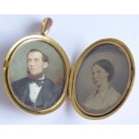 A 19th century rose-gold coloured double-oval portrait miniature locket; hand-painted shoulder-