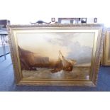 JAMES WEBB (c. 1825-1895); a large, gilt-framed 19th century oil on canvas 'Boat in Choppy
