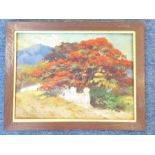 An oak-framed impasto-style oil on panel study of a tree with vibrant-red leaves behind a wall, a