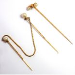 A diamond-set and pearl (untested) stick pin, centrally set with an old brilliant-cut diamond with