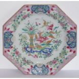 An 18th century Chinese export ware octagonal porcelain dish finely decorated in the famille rose