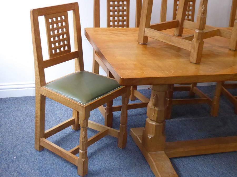 A fine Robert 'Mouseman' Thompson of Kilburn refectory dining table together with six lattice back - Image 3 of 7