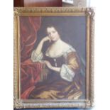 A gilt-framed oil on canvas laid onto board, three-quarter length portrait study of a beautiful