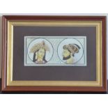 A framed and glazed double portrait miniature study, female and male heads on ivory, later framed