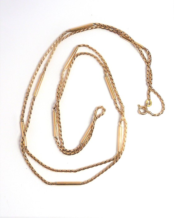 A 9-carat yellow-gold fancy-link long chain necklace, with plain bar spacers, London import hallmark - Image 4 of 4