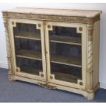 A 19th century marble-topped pier cabinet; two glazed doors below a gilt frieze decorated with