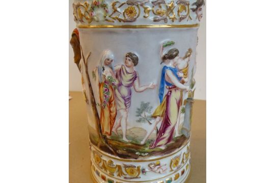 A unusual and large 19th century Capodimonte porcelain tankard and cover; the cover finial as a - Image 10 of 12