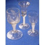 A Jacobite goblet in soda glass and two opaque twist wines There is a 6mm chip to the rim of the
