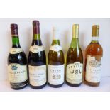 A mixed lot of five bottles: Cote de Nuits-Villages 1988; La Chablisienne 1993 Chablis; Clos de la